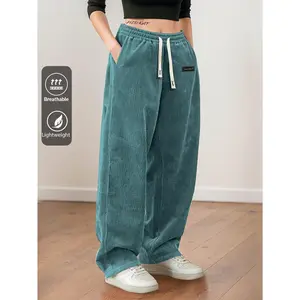 Women's Minimalist Fitted Cotton Blend Corduroy Pants, Lightweight Clothes with Elastic Mid Waist Band and Drawstring, Dry Clean Compatible, Ideal for Spring-Autumn Casual Outings, Dates,summervibes summervibes