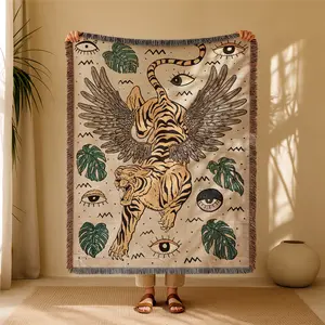 Flying Tiger Pattern Bohemian Yarn Jacquard Woven Blanket with Tassel, Thick Soft Washable Blanket, Used for Home Decor Sofa Chair Bed Tapestry Tablecloth Floor Garden Picnic Outdoor Camping