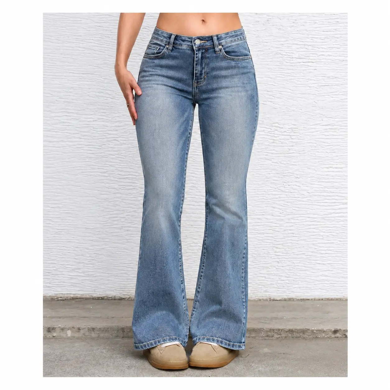Women's Bootcut Jeans for Teen Girls - Light Blue, Vintage Subtle Pattern, Mid-Waist, Stretch Denim, Elegant, Simple, Everyday Comfortable Casual Bottoms, Basic