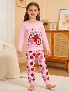 Girls' Unicorn Rainbow Print Round Neck Long Sleeve Pajama Set, Fruit Print Pajamas, Spring & Fall Thin Homewear, Casual Fitted Sleepwear, 2 Piece