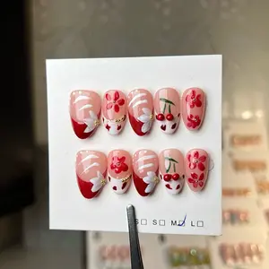 SHORT ALMOND Collection handmade Acrylic Press-On Nail Set – Red Sparkle French Tips with Heart & Bow Designs, Includes Nail Tools, 3 Sizes (Almond, Coffin, Duck) Luxury 3D Almond Nails