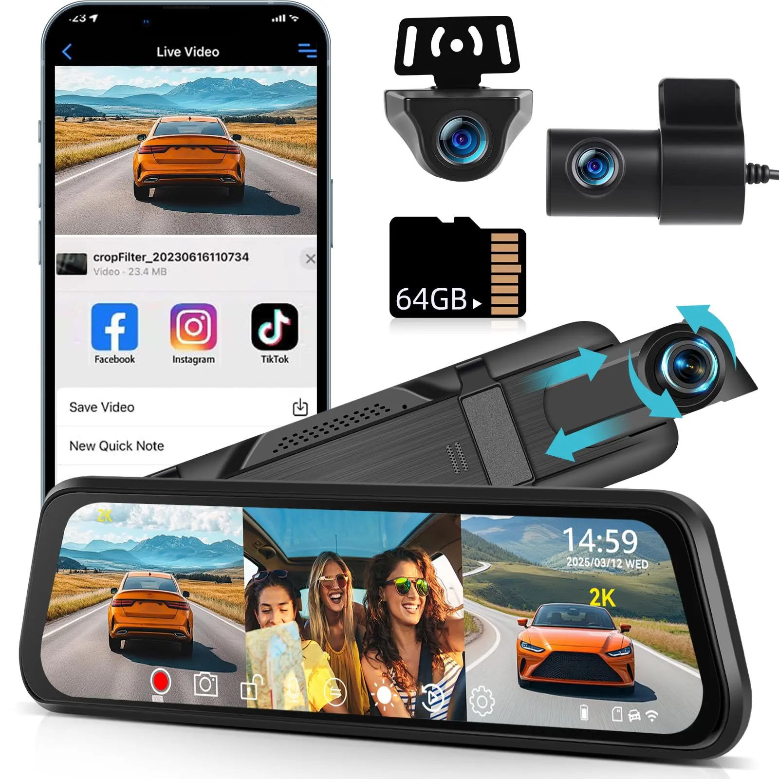 9.66" Mirror WiFi Dash Cam with Front 2K, Inside & Rear 1080P G-Sensor, Loop Record, Enhanced Night Vision, Reverse Assist, Parking Monitoring, 64GB tf Card, car accessories,Summer Vibes