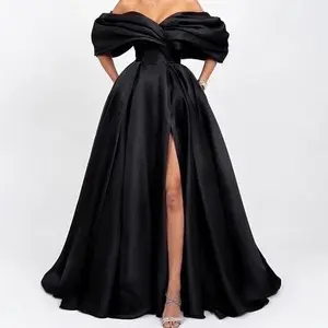Elegant Black Strapless Gown with Slit - Off-the-Shoulder Design & Satin Fabric for Formal Events