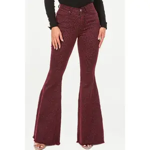 Leopard Print Bell Bottom Jean in Burgundy