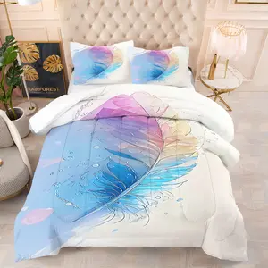 2/3 Piece Dreamy Watercolor Feather Print Cozy Bedding Set, Goose Feather Pattern Comforter Set, Ultra-Fine Fiber Soft and Breathable, Simple and Fashionable Bedroom Decoration Soft and Breathable, Including 1 Quilt and 1/2 Pillowcases