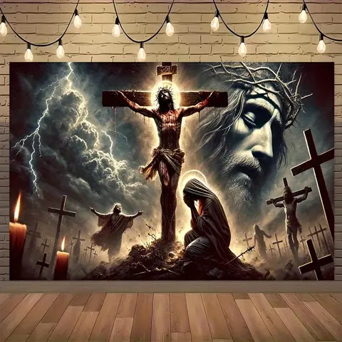 1pc 2D Flat Religious Jesus Christ Passion Wall Hanging Tapestry - 100% Synthetic Polyester HD Print Bright Colors Home Decor, Machine Washable Ceremony Backdrop Home Accessory