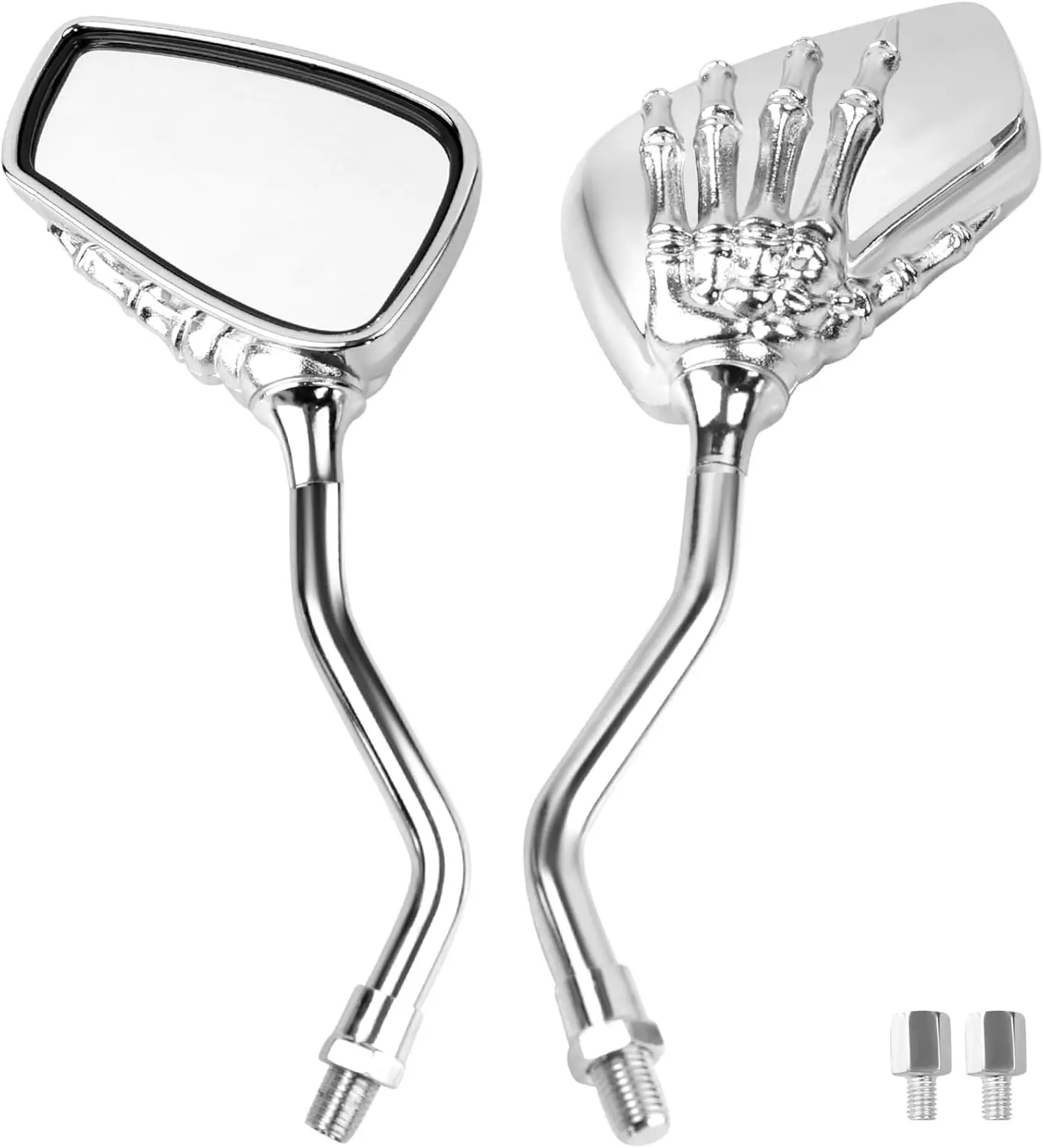 Motorcycle Mirrors for Handlebar, Skull Skeleton Hand Bike Mirrors, with 8mm Adapters for Ebike, Scooter and Moped Motorcycle Mirrors, Silver