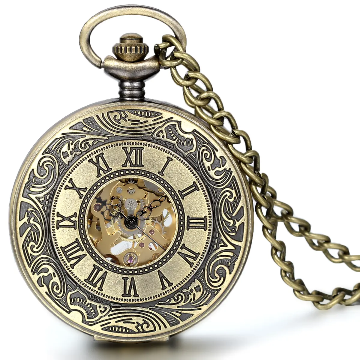 OIDEA Men's Antique Patina Copper Skeleton Cover Pocket Watch with Roman Numerals, Manual Wound Mechanical Movement & Fob Chain - Father's Day Gifts, Mens Unique Collectible Gifts