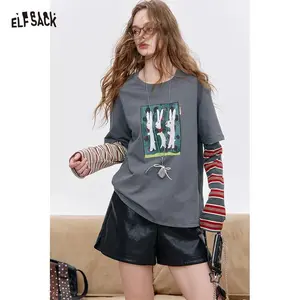 ELFSACK Y2K Streetwear Long Sleeve T-Shirt with Striped Sleeves, Fake Two Piece Casual Top for Women's Daily Outfit