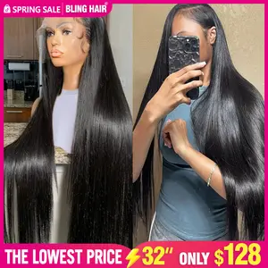 Bling Hair 32inch 13x6 Bone Straight Lace Front Wigs For Human Hair Wigs 180% Density Natural Black Color SpringStatements
