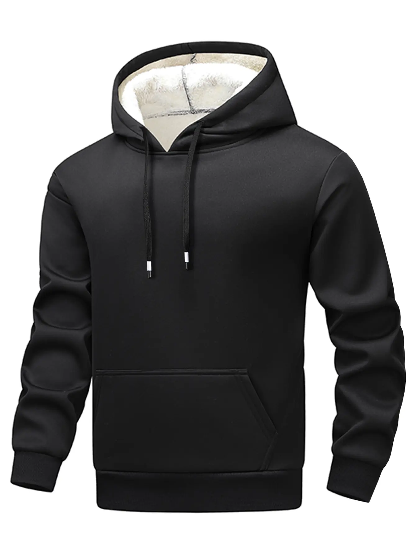 Male Long-Sleeve Fleece-Lined Hooded Sweatshirt - Solid Color, Hooded Drawcord, Drawstring, Warm Casual Hoodie/Jumper for Autumn/Winter, Polyester, Dry Cleaning, Loose