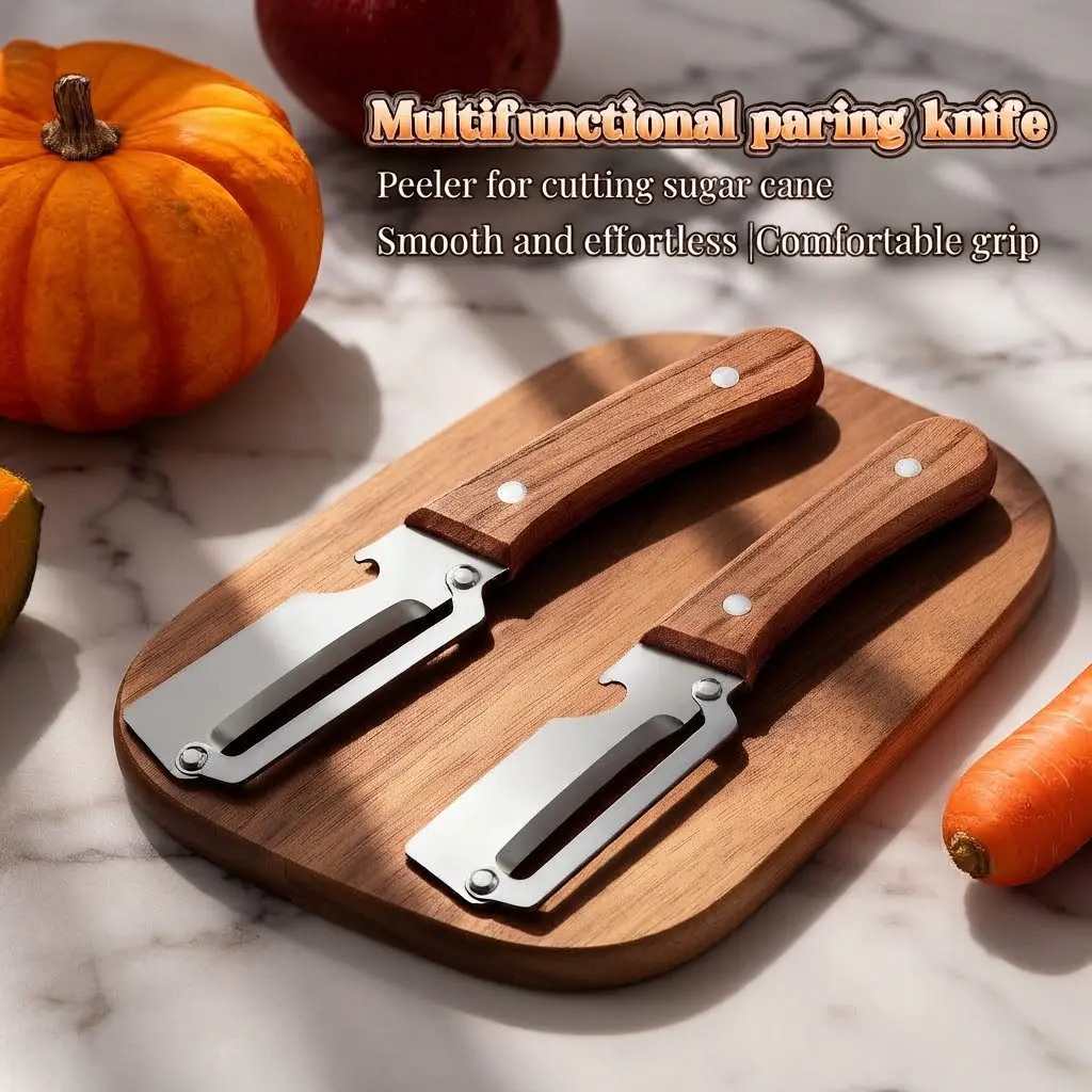 2-Pack Multi-Functional Kitchen Peeler Utensils, Ultra-Sharp Stainless Steel Blade, Wooden Handle, Built-In Bottle Opener for Vegetable and Fruit Peeling