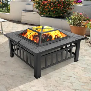 Outvita 32 inch Outdoor Fire Pits Outdoor Wood Burning Firepit Table Square Metal Fireplace Bowl with Lid and Poker for Backyard Garden Gatherings