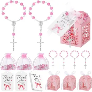 100 Pcs Pink Baptism Favors Set Includes Mini Rosary Cross Boxes White Organza Bags Thank You Tags for Shower Supplies Guest Return Gifts for Wedding