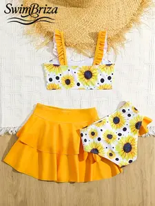 Briza｜Girls Ruffle Strap Bikini In Yellow Sunflower Polka Dot Print With High Waisted Bikini Sets And Skirted Bottoms, Swimsuits 2 Piece Two-Piece Swimsuit And Bathing Suit For Beach Vacation, Cute Bikinis Style For Confident Summer