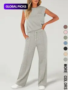 Women's Solid Fitted Tank Top with Pockets & Drawstring Waist Wide Leg Pants Two-piece Set, Basic Casual Sleeveless Round Neck Top & Trousers for Daily Wear, Ladies Two-piece Outfits for All Seasons, Clothes, Womenswear