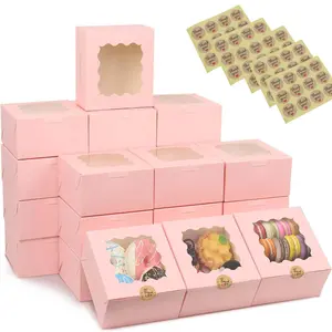 [Summervibes] 50 Pcs Bakepacker Pink Bakery Boxes with Window,Bring 5 Stickers,Thick and Sturdy Macaroon Pastry,Cookie Boxes,for Bread,Desserts,Pastries,Snack,Christmas Party Gifts,DIY Hand Tools Kits