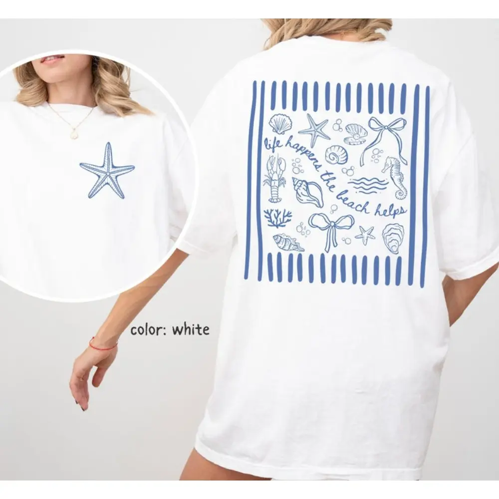 Life Happens The Beach Helps Summer Shirt Beach Shirt Seashell Shirt Gift Seashell Shirt Beach Tee Summer Tshirt Apparel Cotton