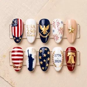 USA 250th Anniversary Press on Nails, Patriotic American Flag Nails, 1776-2026 Independence Day Nail Box, Custom Almond Glue on Nails, Red