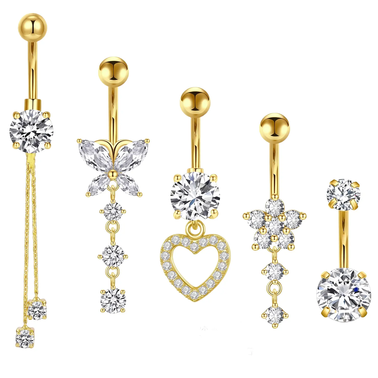 5PCS Rhinestone Belly Button Rings for Women, Cute Butterfly, Flower and Heart Charm Navel Rings, Sparkly Dangle Body Jewelry for Everyday Wear and Gifts