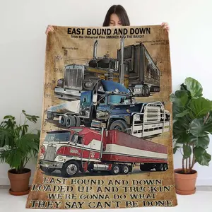 Cozy Truck-Themed Flannel Throw Blanket - Soft, Comfortable, All-Season, Multifunctional Nap and Gift Blanket with Vintage Truck Illustrations and Inspirational Quotes - Ideal for Truck Enthusiasts