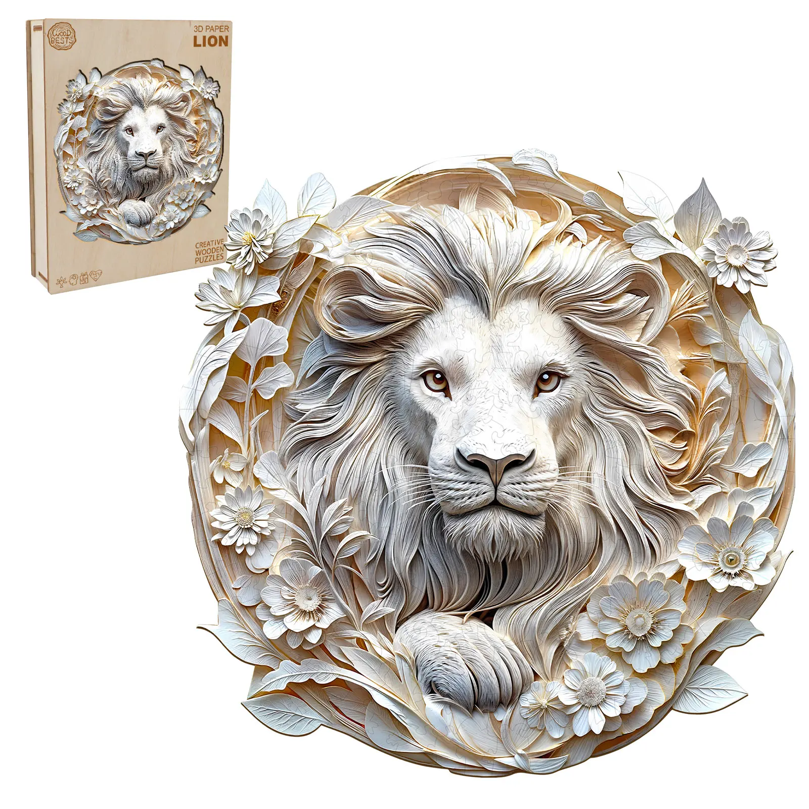 3D Paper Lion Wooden Jigsaw Puzzle for Adults and Kids Unique Shape Animal Wood Puzzles Challenging Puzzle, Family Game Creative Gifts，Laser-Cut Durable HDF Wood Puzzle Colorful