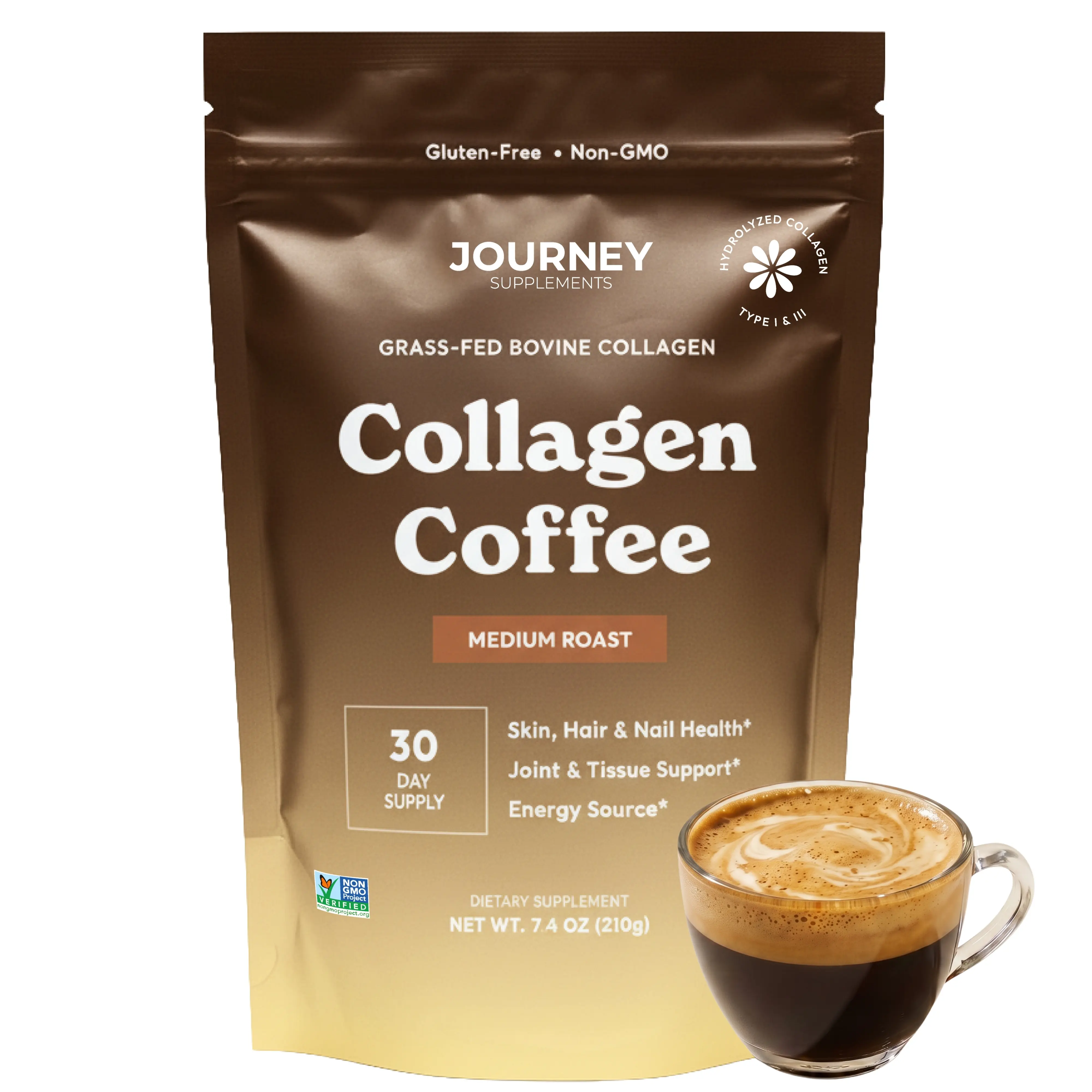 Collagen Coffee Medium Roast – 5 g Bovine Hydrolyzed Collagen + Instant Coffee Blend, Supports Skin Hair & Nail Health, Joint & Tissue Support, Energy & Vitality* – Smooth Medium Roast Coffee Powder - 30 Servings