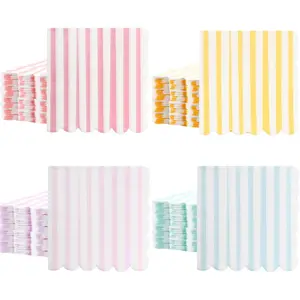 Tenceur 100 Pack Scalloped Pastel Napkins Mixed Stripe Ice Cream 5 x 5 Inch Disposable Paper Cocktail Beverage Napkins for Pastel Summer Party Shower Birthday Dinner Decor Supplies Favor(Four Colors)