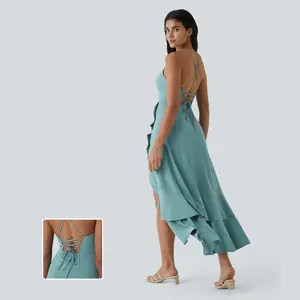 Halara Breezeful Backless Crisscross Lace Up Side Zipper Ruffle Split Hem Maxi Quick Dry Casual Dress