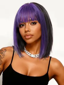 12 Inch Bobo Head Wig with Bangs, Ear Cuff Dye, Fashionable Synthetic Fiber Hair, Natural Look, Easy Care, All Seasons