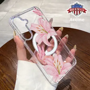 Transparent Phone Case Compatible with Galaxy S23 Ultra S24 Plus FE S25 S22+ Chic Lily Charm Pattern Acrylic Back Anti-Drop Strong Magnetic Sunction Bumper Cover Gift