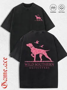 1 PCS GAME.ACE Washed Black Oversized Tee, "Wild Southern Outfitters" Pink Camo Hunting Dog Graphic Print, Casual Southern Outdoor Streetwear, 100% Cotton Breathable Unisex T-Shirt, Ideal for Daily Wear & Country Style Lovers