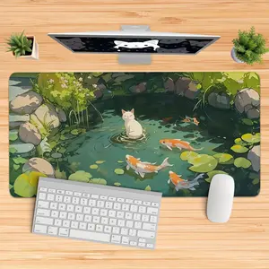Japanese Style Koi Pond & Cat Pattern Mouse Pad, Extra Large Gaming Mouse Pad with Non-Slip Rubber Base, Vibrant Nature Design Mouse Pad for Office & Home