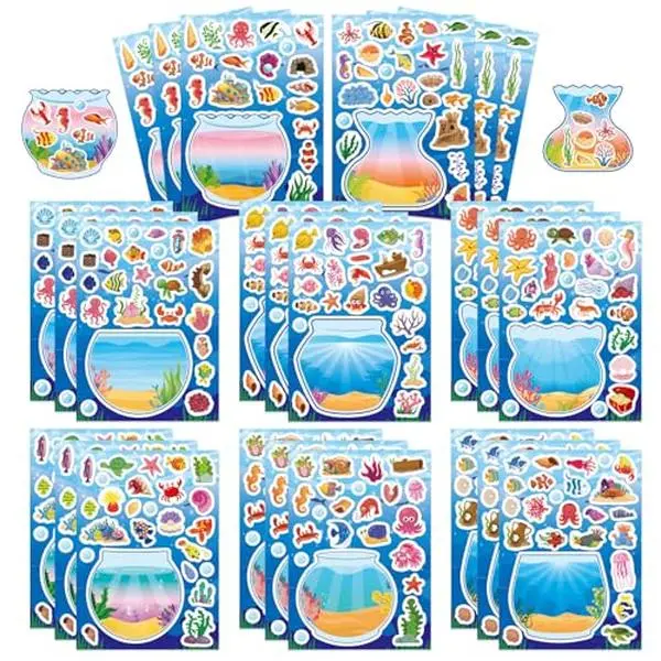 24 PCS Ocean Animal Stickers, Make a Face Sticker Sheets for Kids, Make Your Own Sea Animal Fish Tank Scene for Kids Summer Party Favors Activities