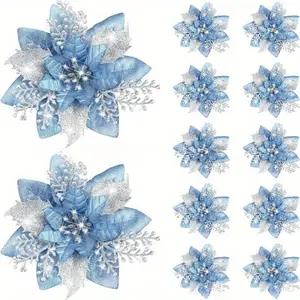 5.7" Glitter Metal Artificial Christmas Poinsettia Ornaments - 10-Piece Exquisite Festive Decorations for Christmas Tree Decorating and Wedding Gifting