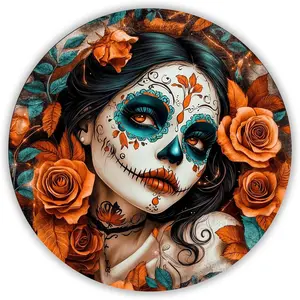 Round Metal Tin Sign Day Of The Dead Skull Girl Vintage Metal Signs Rustic Wall Decor for Home Porch Living Room Greenhouse Farmhouse Yard Garden Indoor Outdoor 8 Inch Halloween