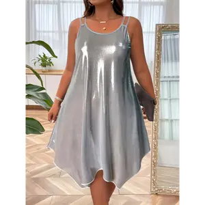 Elegant Plus Size Sleeveless Dress with Asymmetrical Hem - Metallic Golden, Crew Neck, Double Strap Design for Spring/Summer, Fashionable Stretchy Material, Cute Dres Casual Fabric Polyester Womenswear
