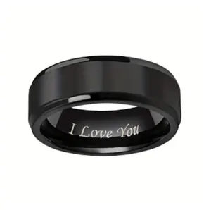 Valentines Day Gift for Loved Ones Elegant Men's Titanium Steel 'I Love You' Engraved Ring - Romantic Black Band with Creative Lettering, Ideal for Wedding, Anniversary & Valentine's Day Gift,8mm