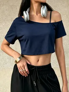 TikTok Viral Asymmetrical Off-Shoulder Crop Top for Women, Y2K Casual Loose Short Sleeve Tee, Lightweight Stretchy Sheer Slim Fit Streetwear Blouse, 2026 Trendy Summer T-Shirt for Daily, Beach & Party