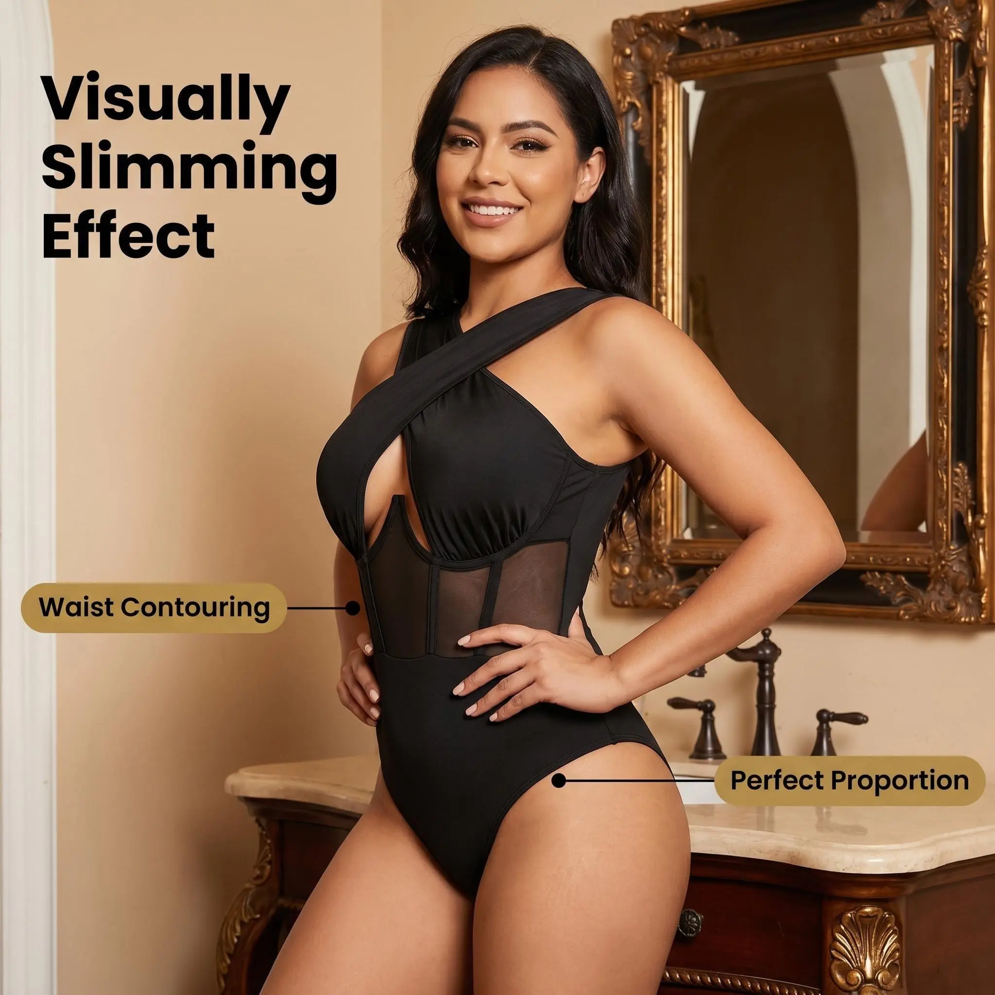 Women's Mesh Bodysuit Sexy Crossover Neckline, Slim Fit Stretchy One Piece Top for Women, Comfortable Summer Beach Vacation Outfit by GBELLA