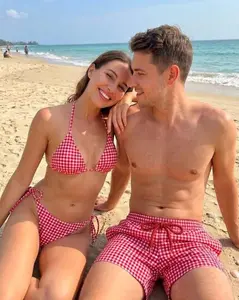 Matching Couple Gingham Swimwear, Custom Plaid Bikini and Swim Trunks, Personalized Anniversary Gift for Couple  Couples Matching Swimsuit Set - Women's Triangle Biniki & Men Swim Trunks, His And Hers Summer Vacation Outfit.