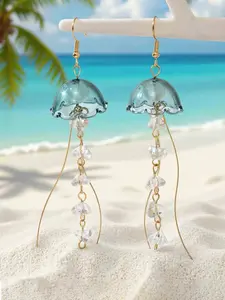 Ocean Jellyfish Long Drop Earrings for Women, Fashionable Earrings, Dreamy Irregular Resin Crystal Dangle Earrings, Gold Tone Beaded Tassel Earrings, Fairycore Beach Jewelry, Wedding Accessories, Summer Gift for Girls