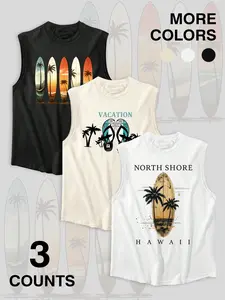 3 Pack Retro Surf Beach Graphic Prints Tank Tops - Multi Color Casual Sleeveless Outfit for Surfers & Vacation