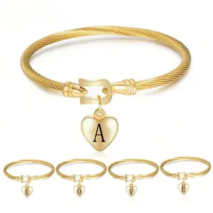 Initial Bracelet for Women with Heart Charm Silver Color Stainless Steel Twisted Cable Wire Bangle