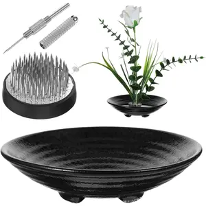 Japanese Ikebana Kit Ceramic Bowl Vase Floral Frog Flower Container with Kenzan Needle Straightening Tool 6.7 Inch & 1.57 Inch Black for Floral Arrangement Art Home Office Decor
