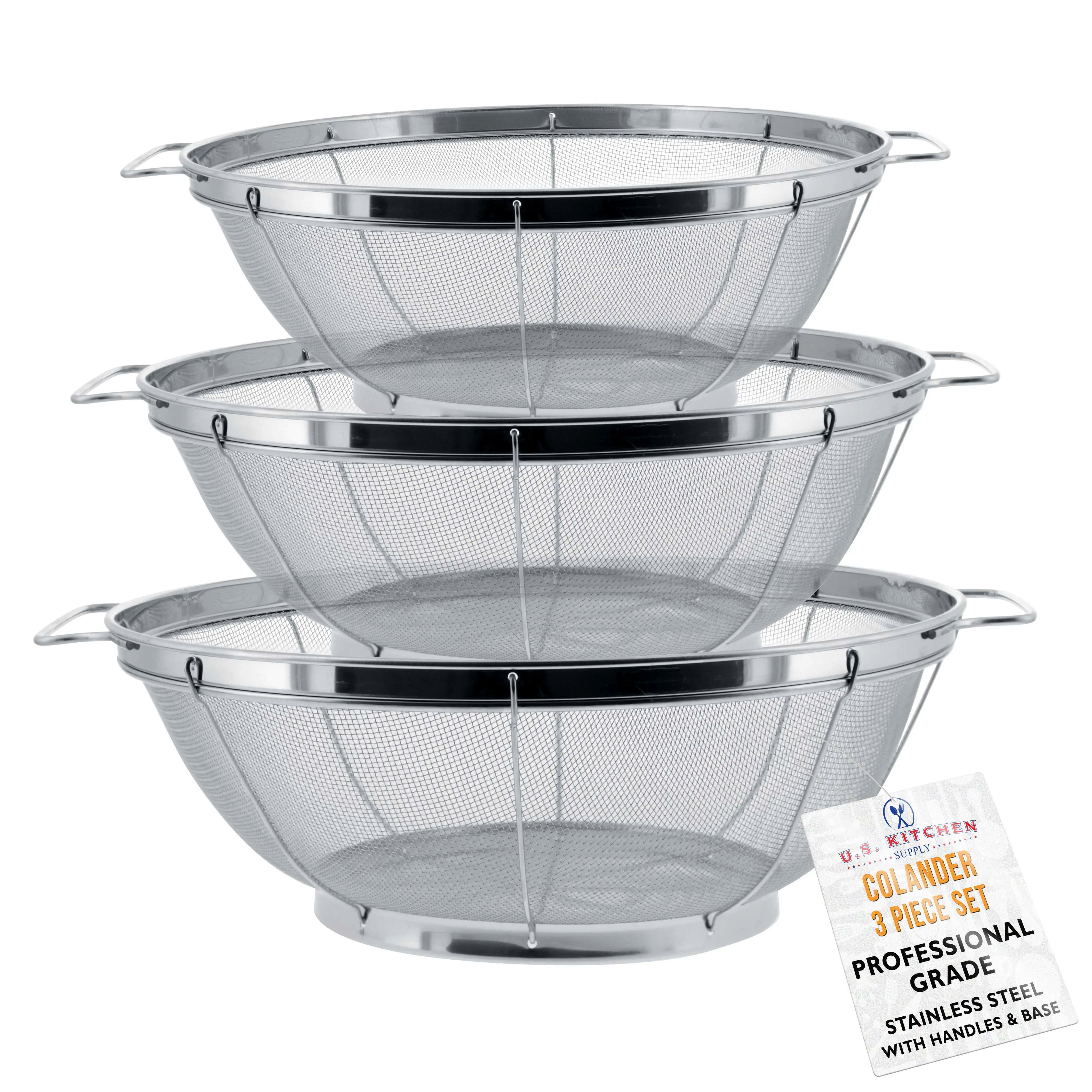 U.S. Kitchen Supply Set of 3 Stainless Steel Colander Strainers Net Baskets - 11", 9.5" & 8.5" Sizes - Colander with Handles & Resting Base - Stainles