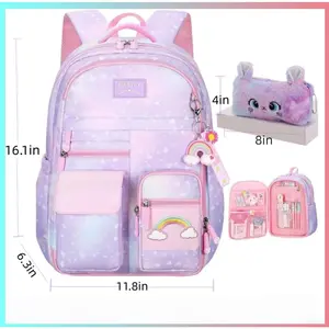 Girls Rainbow Backpack – Kawaii Purple School Bookbag, Lightweight Large Capacity for Travel & Daily Use
