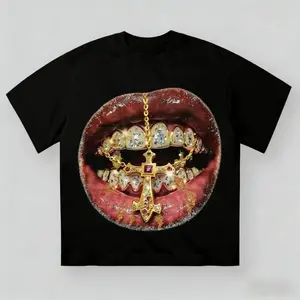 180g[100%cotton]Premium Golden Cross Diamond Patch Grills Print Y2K Unisex Cotton Crewneck Short Sleeve Casual Streetwear T-Shirt good graphic tees