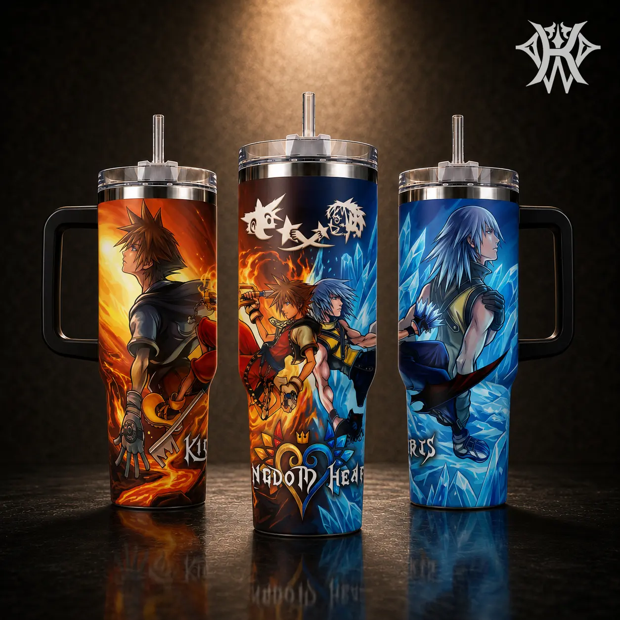 Kingdom Hearts Sora Riku 40oz Tumbler with Handle & 20oz Skinny Insulated Stainless Steel Mug, Gaming Merch Anime Gift for Men Fans, Fire Ice Aesthetic Travel Coffee Cup Water Bottle Leak-Proof