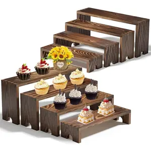 Large 2 Set Stackable Wooden Cupcake Stand Tiered Riser Display Stands for Vendor Events Vendor Booth Display Items Farmhouse Decor Wood Dessert Table Display Set (Dark Brown, 2Pack)